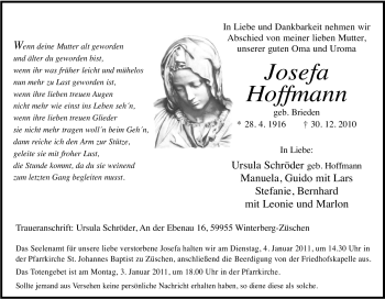 Traueranzeige von Josefa Hoffmann von Tageszeitung