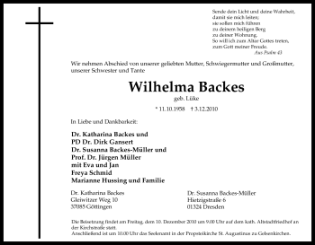 Traueranzeige von Wilhelma Backes von Tageszeitung