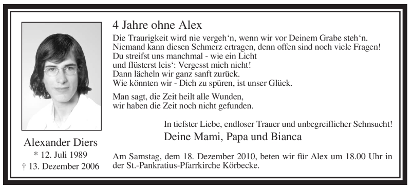  Traueranzeige für Alexander Diers vom 13.12.2010 aus Tageszeitung