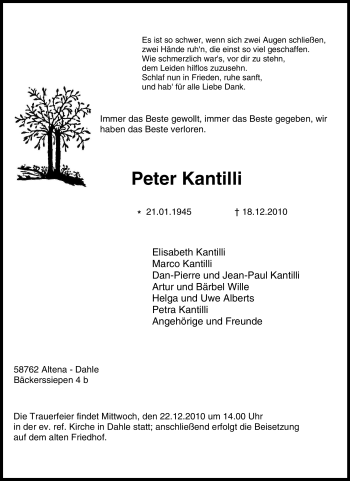 Traueranzeige von Peter Kantilli von Tageszeitung