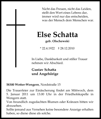 Traueranzeige von Else Schatta von Tageszeitung