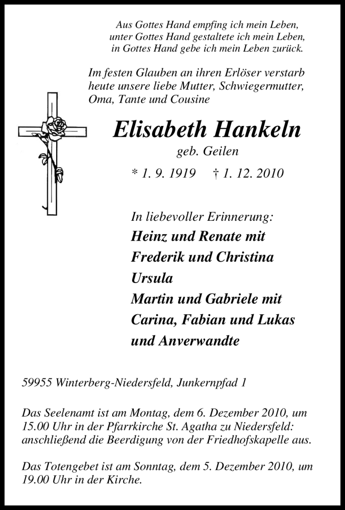  Traueranzeige für Elisabeth Hankeln vom 03.12.2010 aus Tageszeitung