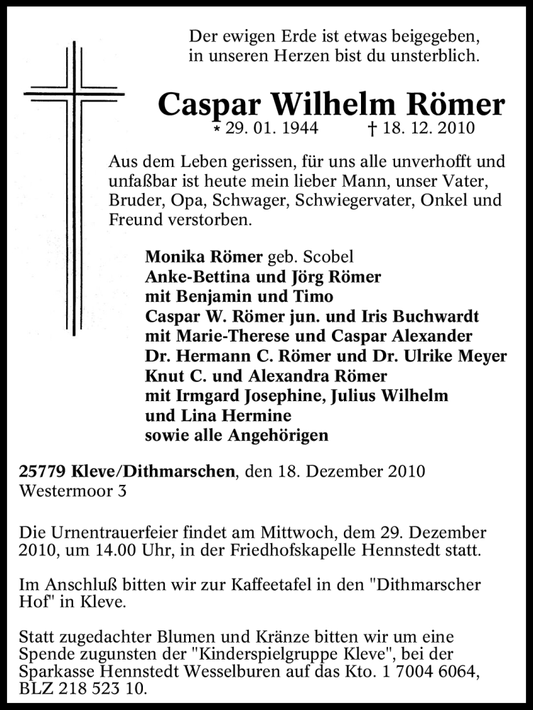  Traueranzeige für Caspar Wilhelm Römer vom 23.12.2010 aus Tageszeitung