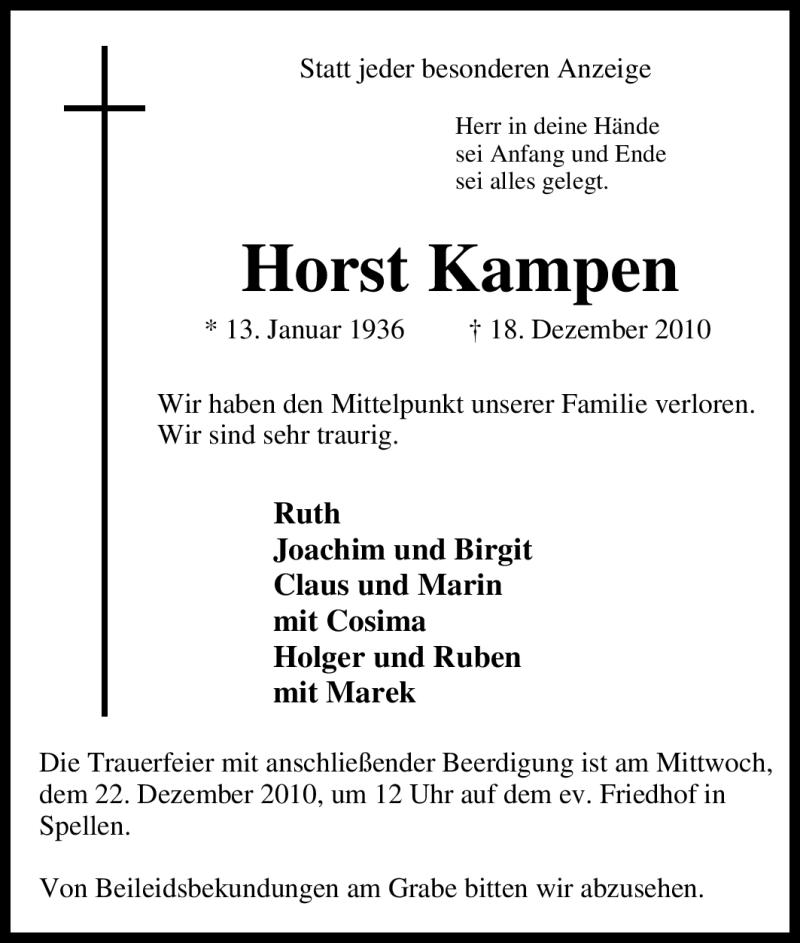  Traueranzeige für Horst Kampen vom 20.12.2010 aus Tageszeitung