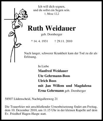 Traueranzeige von Ruth Weidauer von Tageszeitung