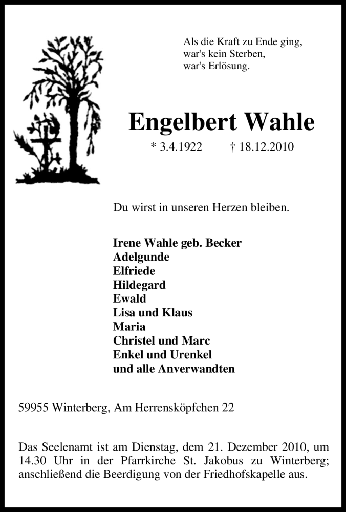  Traueranzeige für Engelbert Wahle vom 20.12.2010 aus Tageszeitung