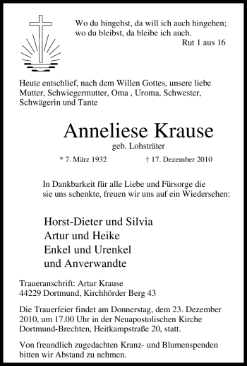 Traueranzeige von Anneliese Krause von Tageszeitung