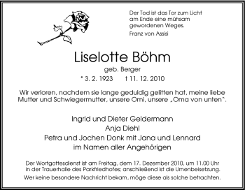Traueranzeige von Liselotte Böhm von Tageszeitung