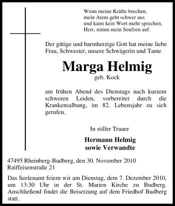 Traueranzeige von Marga Helmig von Tageszeitung