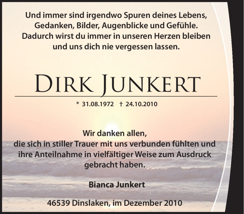  Traueranzeige für Dirk Junkert vom 03.12.2010 aus Tageszeitung