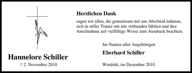  Traueranzeige für Hannelore Schiller vom 30.12.2010 aus Tageszeitung