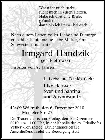 Traueranzeige von Irmgard Handzik von Tageszeitung