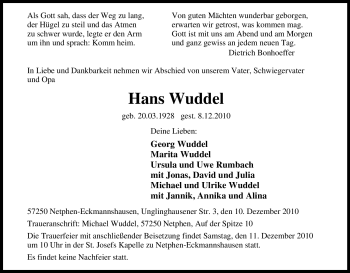Traueranzeige von Hans Wuddel von Tageszeitung