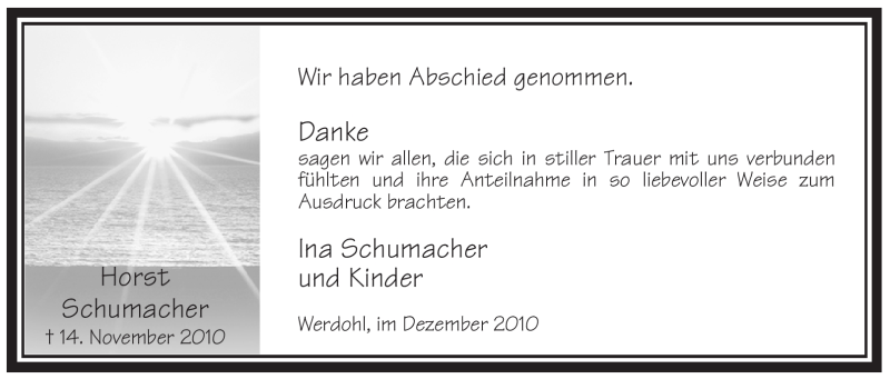  Traueranzeige für Horst Schumacher vom 11.12.2010 aus Tageszeitung