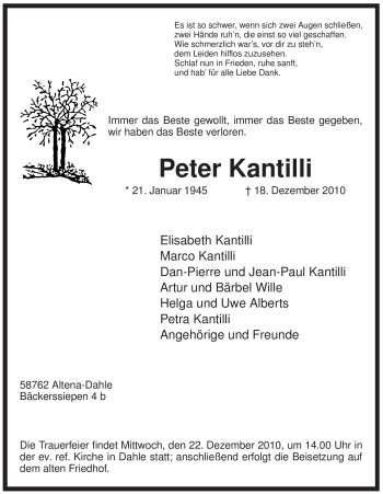 Traueranzeige von Peter Kantilli von Tageszeitung