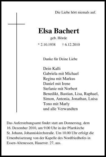 Traueranzeige von Elsa Bachert von Tageszeitung