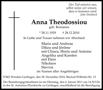 Traueranzeige von Anna Theodossiou von Tageszeitung