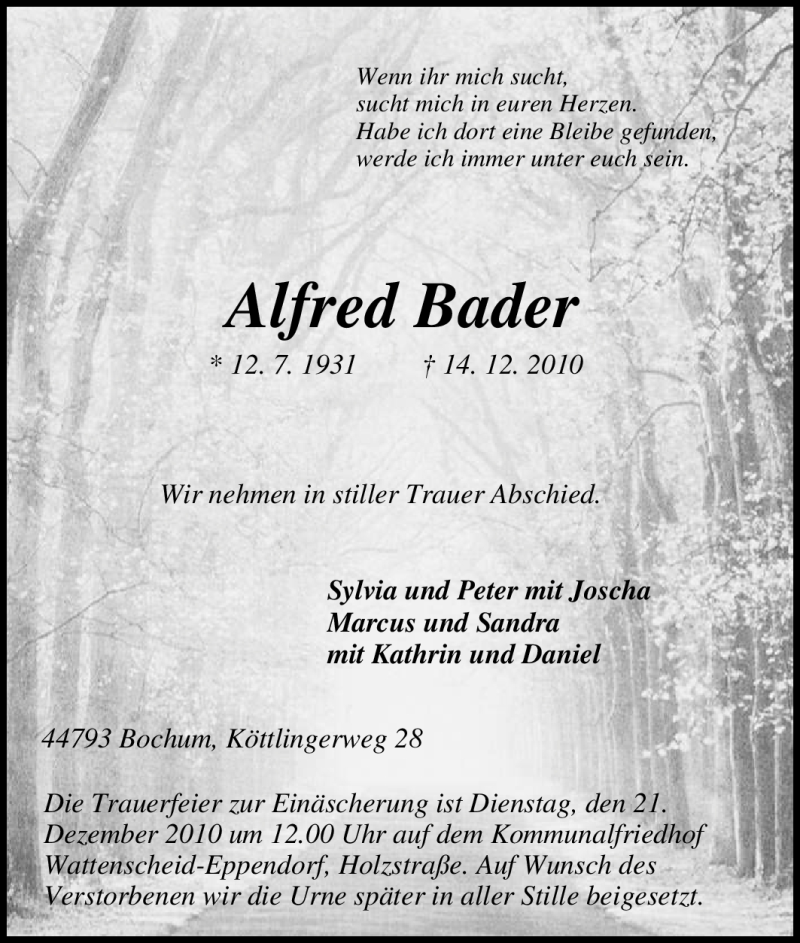  Traueranzeige für Alfred Bader vom 18.12.2010 aus Tageszeitung