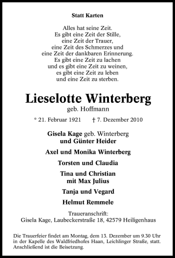 Traueranzeige von Lieselotte Winterberg von Tageszeitung