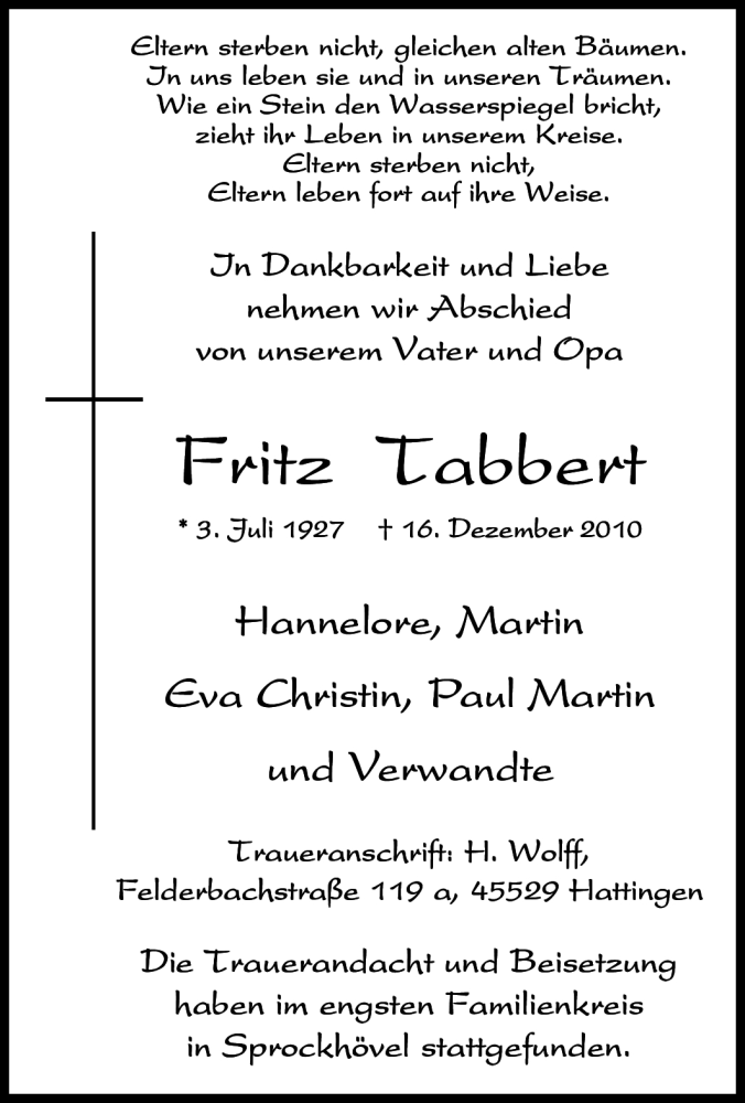  Traueranzeige für Fritz Tabbert vom 24.12.2010 aus Tageszeitung