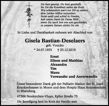 Traueranzeige von Gisela Bastian-Deselaers von Tageszeitung