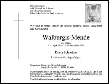 Traueranzeige von Walburgis Mende von Tageszeitung