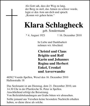 Traueranzeige von Klara Schlagheck von Tageszeitung