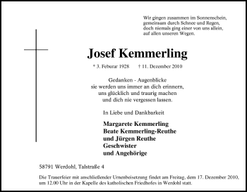 Traueranzeige von Josef Kemmerling von Tageszeitung