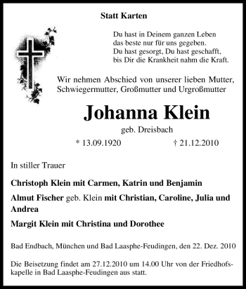 Traueranzeige von Johanna Klein von Tageszeitung