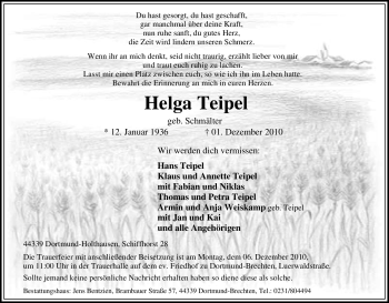 Traueranzeige von Helga Teipel von Tageszeitung