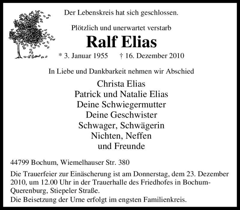  Traueranzeige für Ralf Elias vom 20.12.2010 aus Tageszeitung