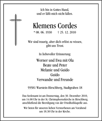 Traueranzeige von Klemens Cordes von Tageszeitung