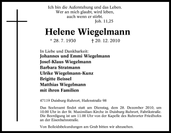 Traueranzeige von Helene Wiegelmann von Tageszeitung