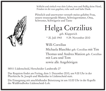Traueranzeige von Helga Corzilius von Tageszeitung