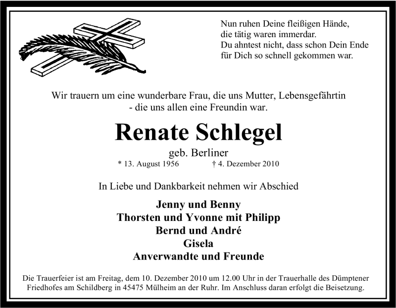  Traueranzeige für Renate Schlegel vom 08.12.2010 aus Tageszeitung