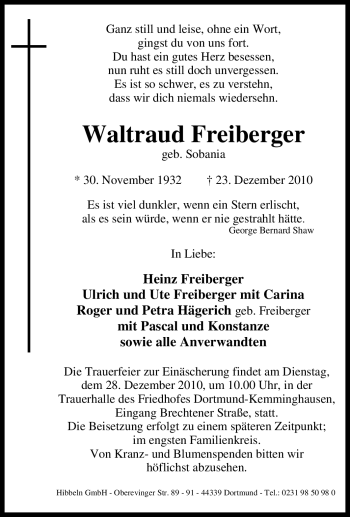Traueranzeige von Waltraud Freiberger von Tageszeitung