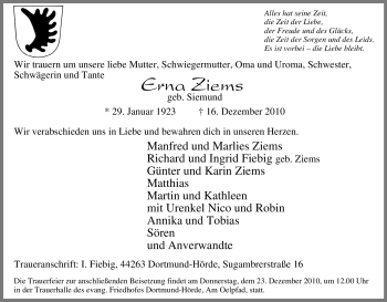 Traueranzeige von Erna Ziems von Tageszeitung