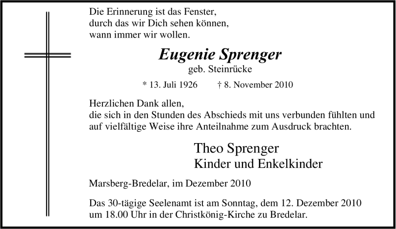  Traueranzeige für Eugenie Sprenger vom 04.12.2010 aus Tageszeitung