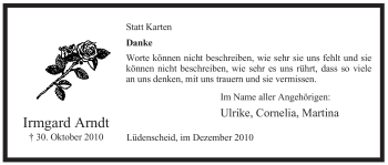 Traueranzeige von Irmgard Arndt von Tageszeitung
