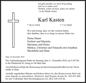 Traueranzeige von Karl Kasten von Tageszeitung
