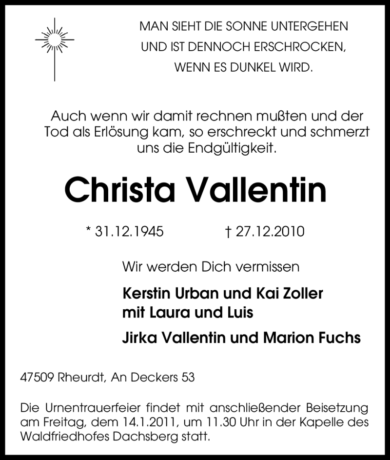  Traueranzeige für Christa Vallentin vom 31.12.2010 aus Tageszeitung