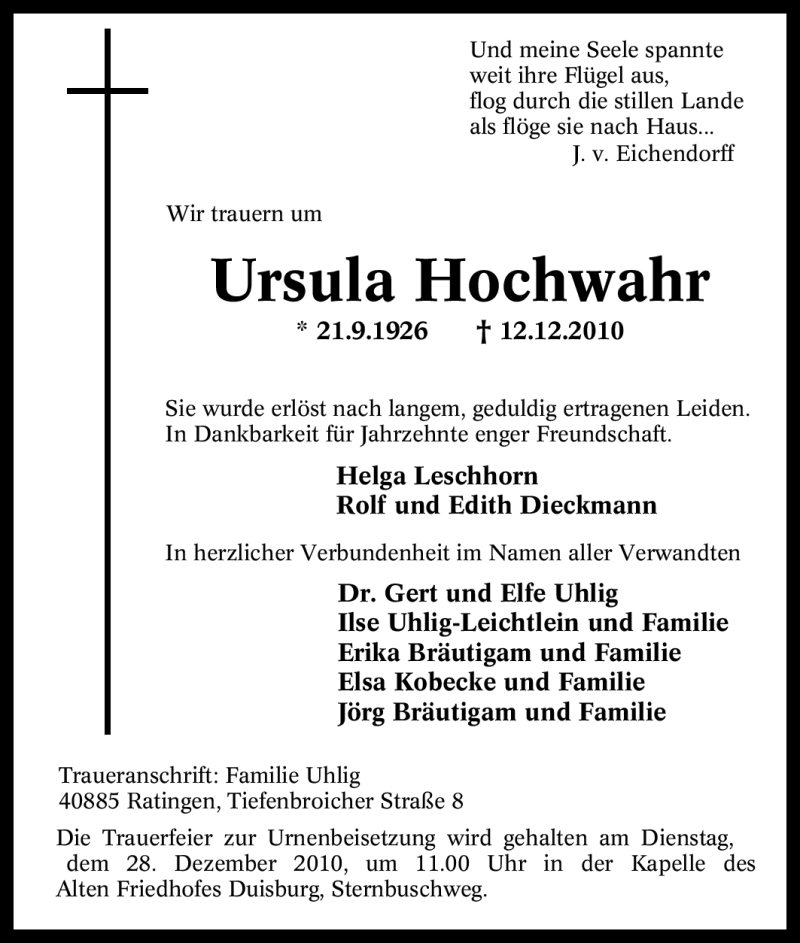  Traueranzeige für Ursula Hochwahr vom 22.12.2010 aus Tageszeitung