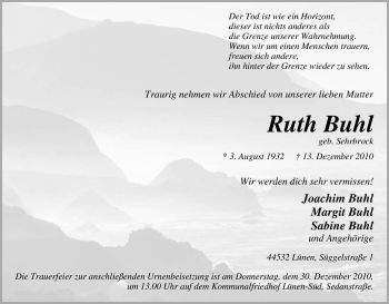 Traueranzeige von Ruth Buhl von Tageszeitung