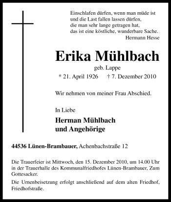 Traueranzeige von Erika Mühlbach von Tageszeitung
