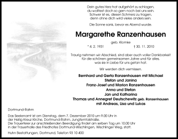 Traueranzeige von Margarethe Ranzenhausen von Tageszeitung