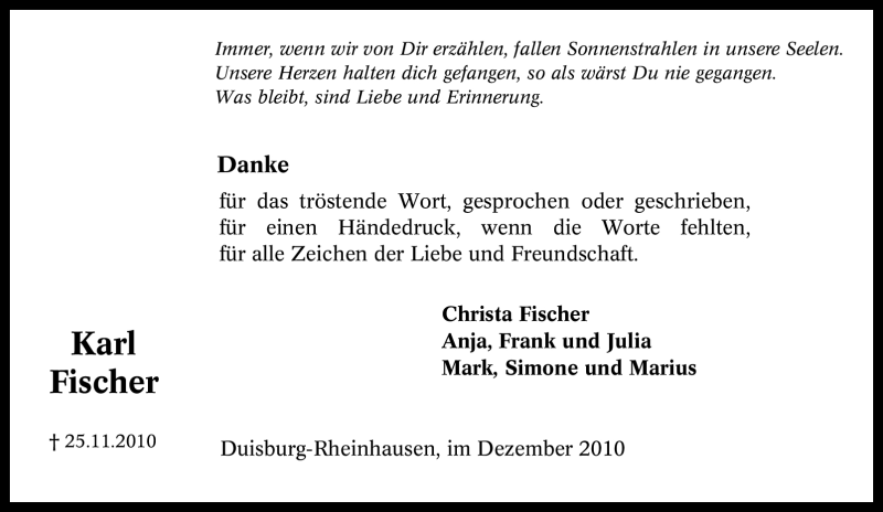  Traueranzeige für Karl Fischer vom 20.12.2010 aus WESTDEUTSCHE ALLGEMEINE ZEITUNG