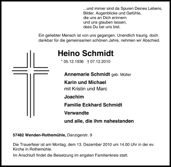 Traueranzeige von Heino Schmidt von Tageszeitung