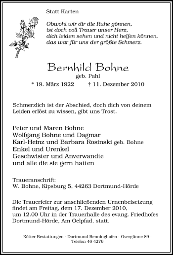 Traueranzeige von Bernhild Bohne von Tageszeitung