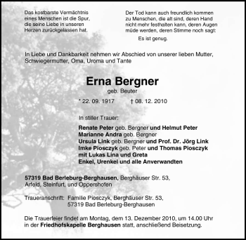Traueranzeige von Erna Bergner von WESTDEUTSCHE ALLGEMEINE ZEITUNG