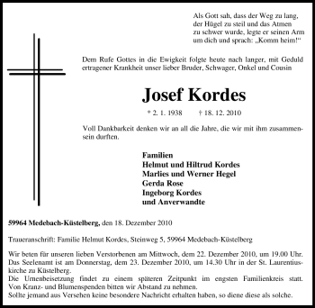 Traueranzeige von Josef Kordes von Tageszeitung